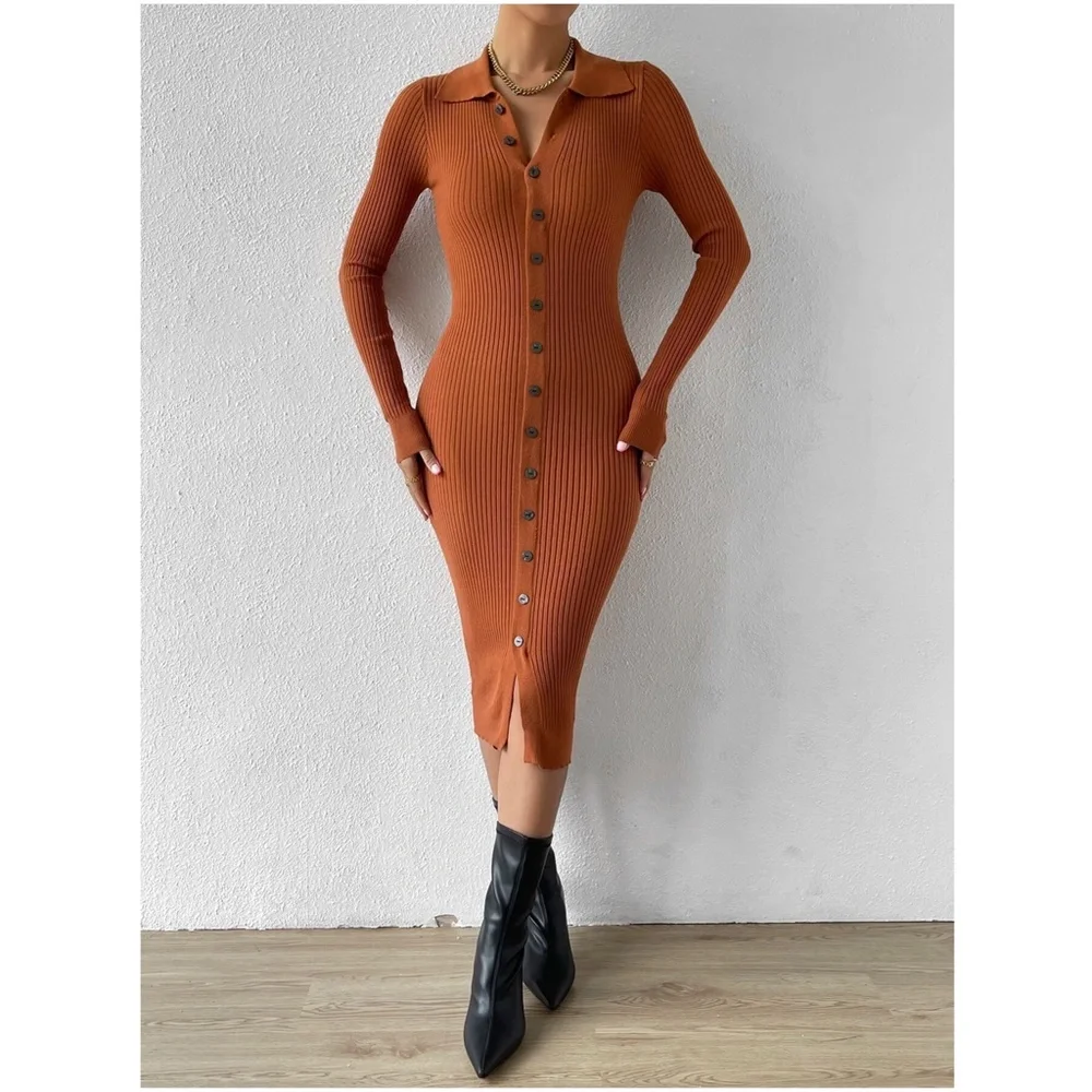 Cozy Button up Knit Fitted Sweater Dress - Picture 3 of 4